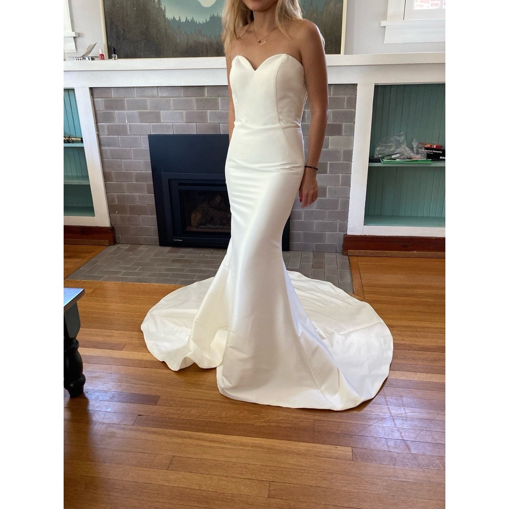 Custom Pronovias Inspired Wedding Dress Ivory Satin Mermaid Lace Overlay XS S